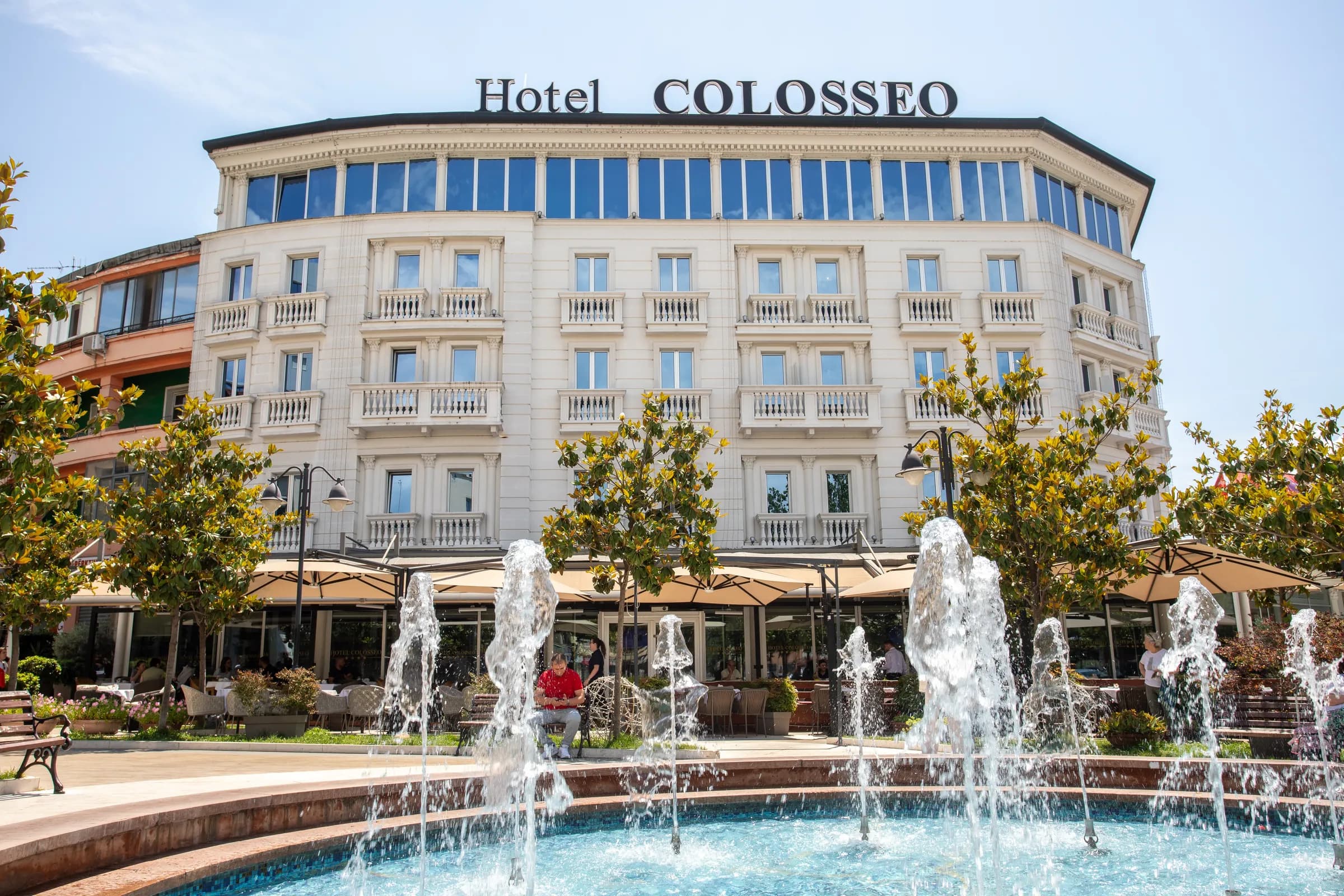 Hotel Colosseo Tirana — facade and fountains